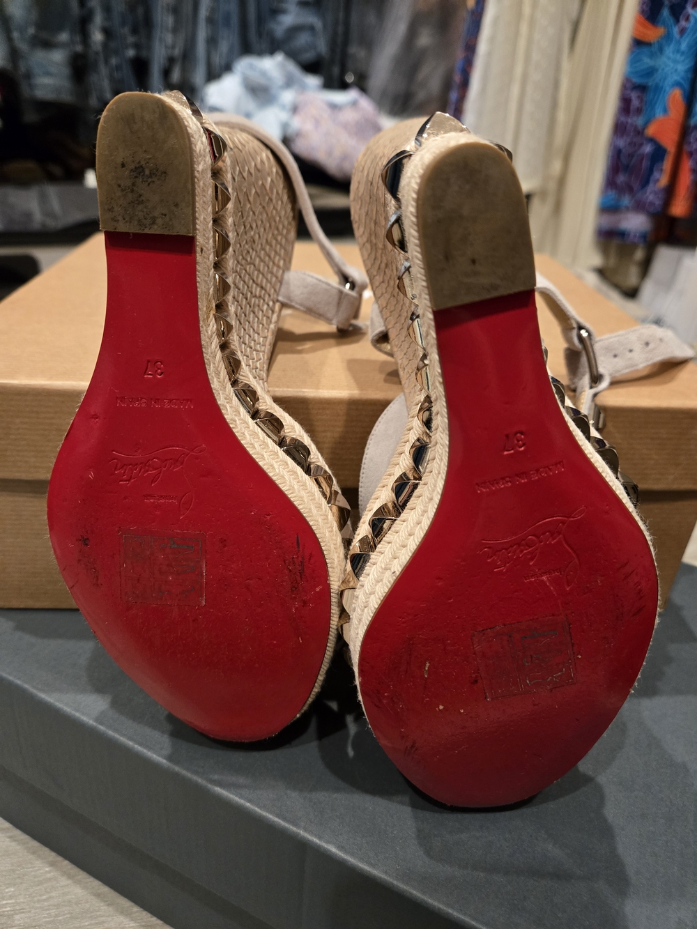 Christian Louboutin Beige Wedge Sandals with Studded Straps - Picture 3 of 7